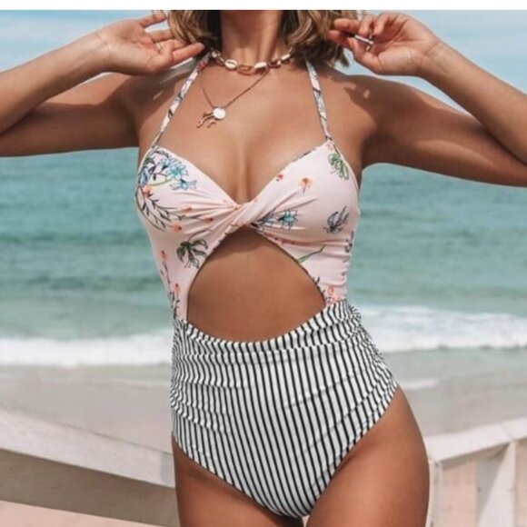 NWOT Cupshe Pink Floral Twist Front Striped Halter One Piece Cutout Swimsuit, M - Picture 2 of 14